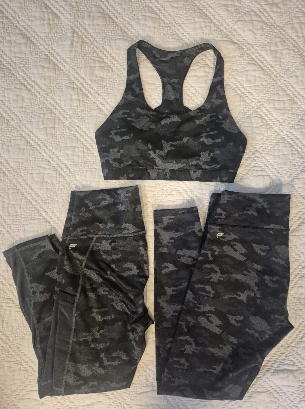 Fabletics Gray Camo 3 Piece Set 2 Leggings + Sports Bra S